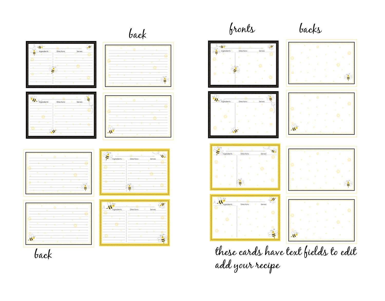 Bee Recipe Cards 4x6 Printable Recipe Cards Both Lined &amp; Editable No ...