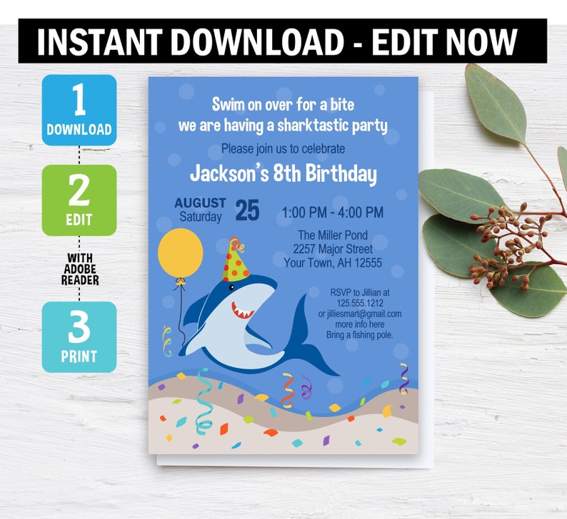 Shark Birthday Invitation, shark Invitation, Shark Party, fishing, Outdoor Party, Instant download, template, Printable, editable image 1