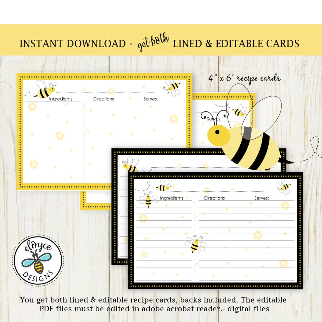 Bee Recipe Cards 4x6 Printable Recipe Cards Both Lined &amp; Editable No ...