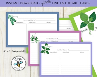Herbs Recipe Cards 4x6 both lined and editable cards garden herbs cooking baking no. 901