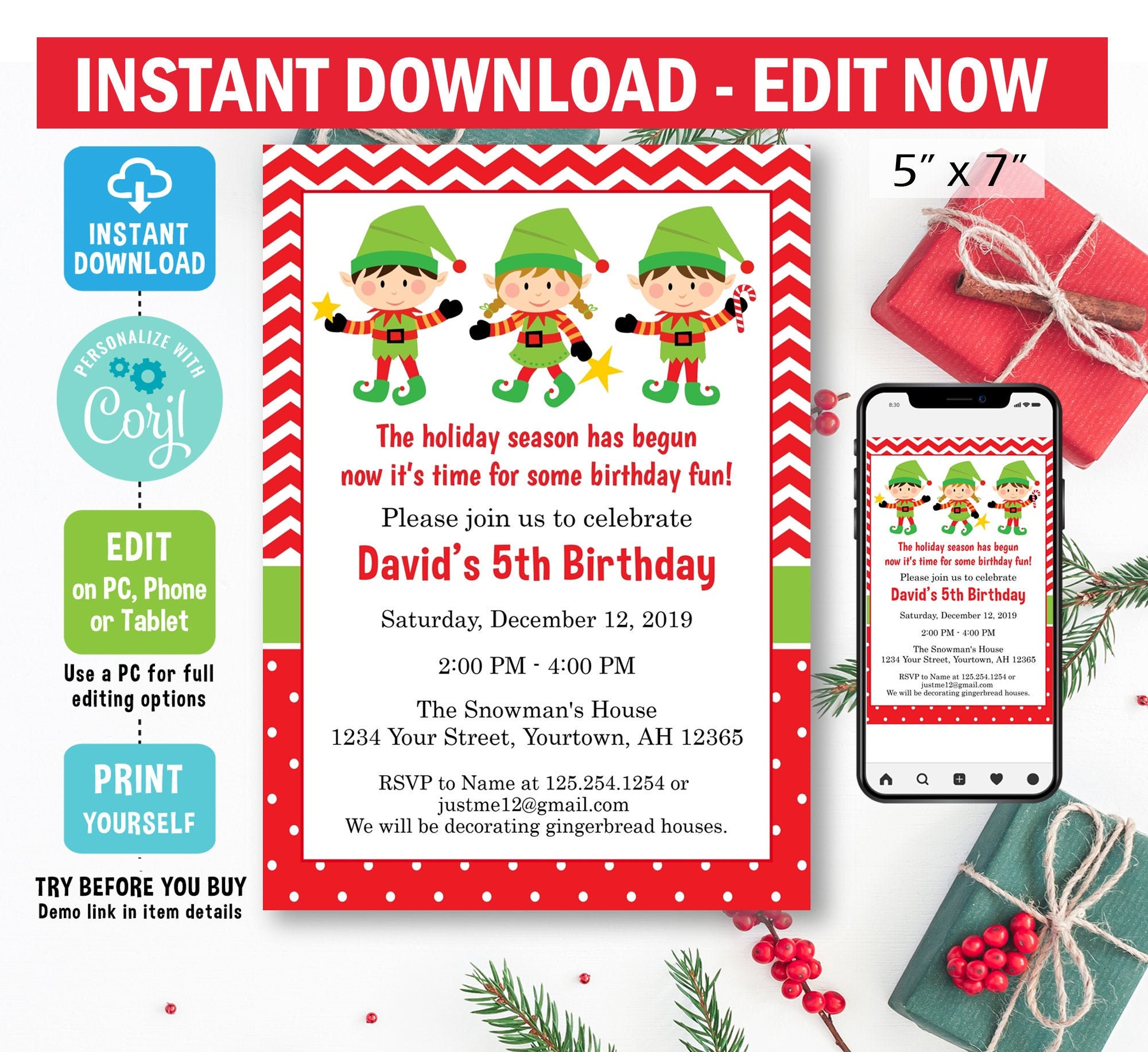 Elf Birthday Invitation, Digital, Corjl EDIT, Christmas Birthday