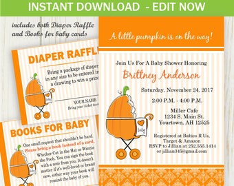 Pumpkin Baby shower Invitation - EDIT NOW digital files - baby pumpkin carriage baby shower