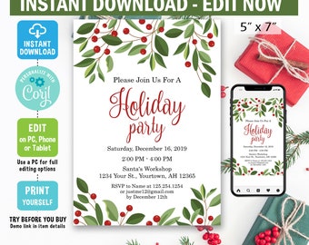 Holiday Invitation, Corjl EDIT, Christmas, Digital, Holly Berry, christmas invitation, holiday party, template