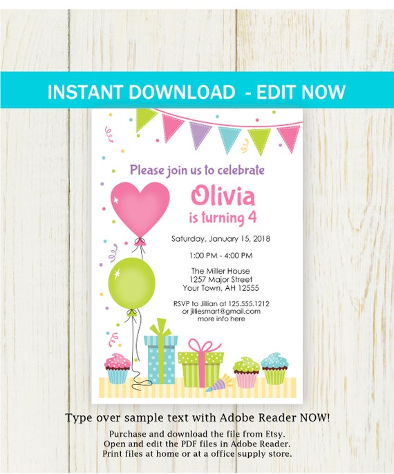 birthday invitation edit now balloons party invitation instant etsy