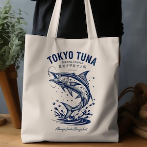 Tokyo Tuna Tote Bag Japanese Sushi Graphic Shopper Retro Japan Fish Market Style Kawaii Foodie Canvas Tote Gift for Anime Lovers