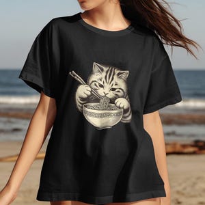Cute Cat Eating Ramen T-Shirt, Adorable Kitty Noodle Lover Graphic Tee, Funny Animal Lover Shirt, Unique Cat Lover Gift Tee, Pet Lover Gift