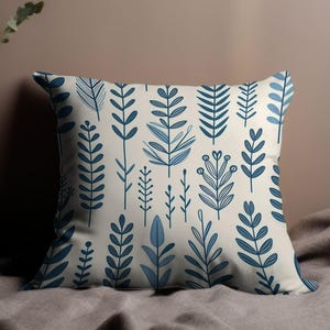 Decorative Leaf Print Throw Pillow Cover, Blue Botanical Accent Pillow, Modern Plant Design Cushion, Home Decor Pillow, Square Pillow