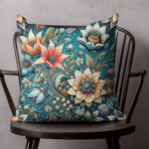Floral Throw Pillow, Blue and Orange Decorative Cushion, Vintage Flower Print Pillow, Botanical Pattern Pillow Case, Home Decor, Home Gift