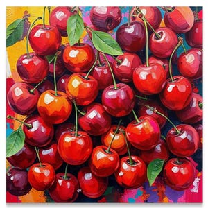 Bright Red Cherry Fruit Art Print, Vibrant Kitchen Wall Decor, Colorful Poster for Home, Dining room art, Unique Kitchen art, Home decor