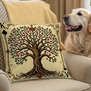 Cojín decorativo vintage con diseño de árbol, diseño único de naipes, cojín artístico con diseño botánico, regalo para el hogar