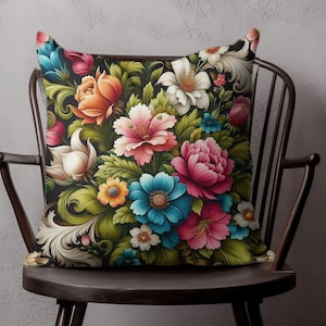 Floral Decorative Throw Pillow, Cushion Cover with Vibrant Floral Print, Home Decor Accent Pillow, Colorful Floral Outdoor Pillow, Home Gift