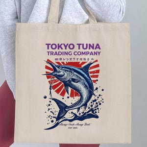 Tokyo Tuna Tote Bag Japanese Sushi Graphic Shopper Retro Japan Fish Market Style Kawaii Foodie Canvas Tote Gift for Anime Lovers