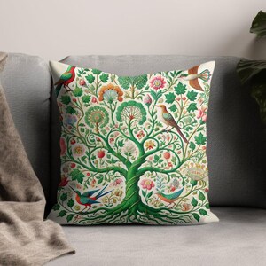 Handcrafted decorative pillow cover, nature-inspired tree art, colorful bird design, botanical illustration, accent cushion