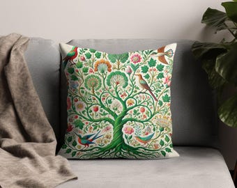 Handcrafted decorative pillow cover, nature-inspired tree art, colorful bird design, botanical illustration, accent cushion
