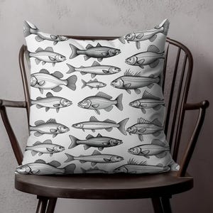 Decorative throw pillow with unique fish illustration, detailed aquatic design for home decor, perfect for coastal or nautical theme