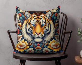 Floral Tiger Print Pillow Cover, Jungle Home Decor, Accent Cushion