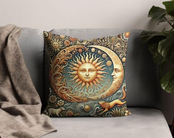 Celestial Sun and Moon Pillow, Bohemian Astrology Home Decor