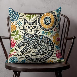 Decorative cat pillow, cat themed cushion, floral cat design, boho cat pillow, cat lover gift, cat print home decor, colorful pet pillow