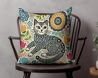 Floral Cat Pillow, Boho Style Cushion, Cat Lover Home Decor
