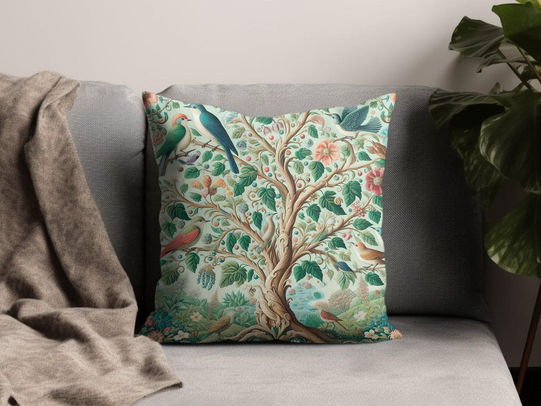 Pillo Tree Elegant Decorative Pillow, Tree of Life Design, Colorful Bird Motif ...