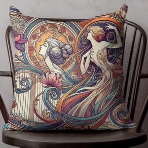Art Nouveau Decorative Pillow Cover, Vintage Art Pillow Case, Elegant Sofa Pillow, Colorful Throw Pillow, Home Decor Accent, Unique gift