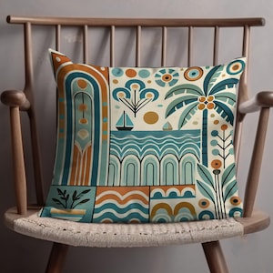 Abstract Coastal Theme Pillow Cover, Decorative Cushion Case, Modern Beach House Decor, Ocean Waves Print, Tropical Decorative Throw Pillow