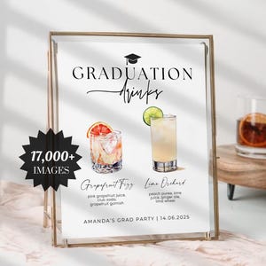 Enseigne de cocktail de remise des diplômes, enseigne de cocktail de remise des diplômes, menu du bar de remise des diplômes, enseigne de boisson de remise des diplômes, carte des cocktails, menu du bar