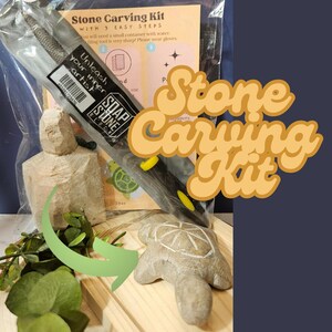 May include: A stone carving kit with three easy steps. The kit includes a carving tool, a small stone turtle, and a block of soapstone. The text on the packaging reads "Unleash your inner artist" and "Soap Stone Block".