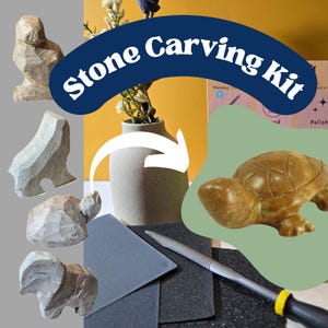 May include: Stone carving kit with tools and five unfinished stone animal figurines. The kit includes a sanding block, a file, and a turtle figurine that has been carved and polished.