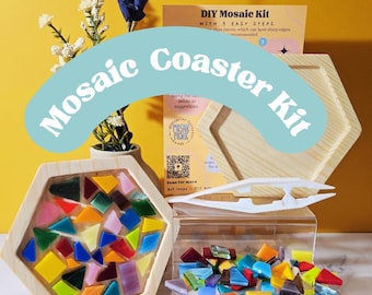 May include: DIY mosaic coaster kit with a hexagonal wooden base, colorful glass tiles, tweezers, and instructions. The kit includes everything needed to create a unique and personalized coaster.
