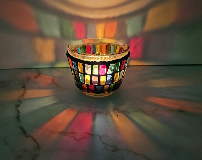 Handmade Mosaic Rainbow Glass Candle Holder Colorful Handmade Handcut Glass Votive Boho Decor Pride Gift Unique Home Gift for New Homeowner