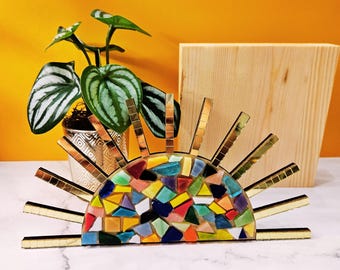 Sun Mosaic Handmade Sunshine Glass Mosaic with Rainbow and Gold Tiles Suncatcher Gift for Nature Lover Unique Boho Decor for Nursery Bedroom