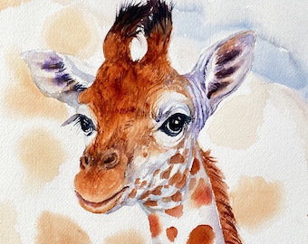 Art mural peinture aquarelle originale bébé girafe