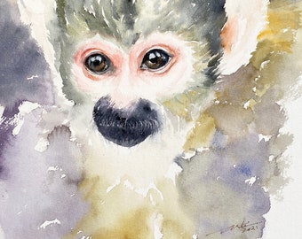 Squirrel Monkey  Animal Painting Original Watercolor Wall Decor 8x10