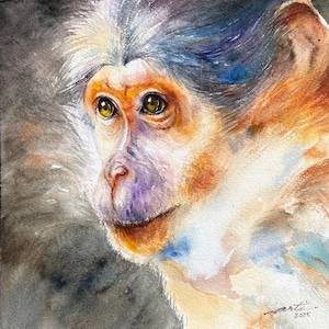 Baby Monkey Cute Animal Wall Art Original Watercolor Painting by Artist