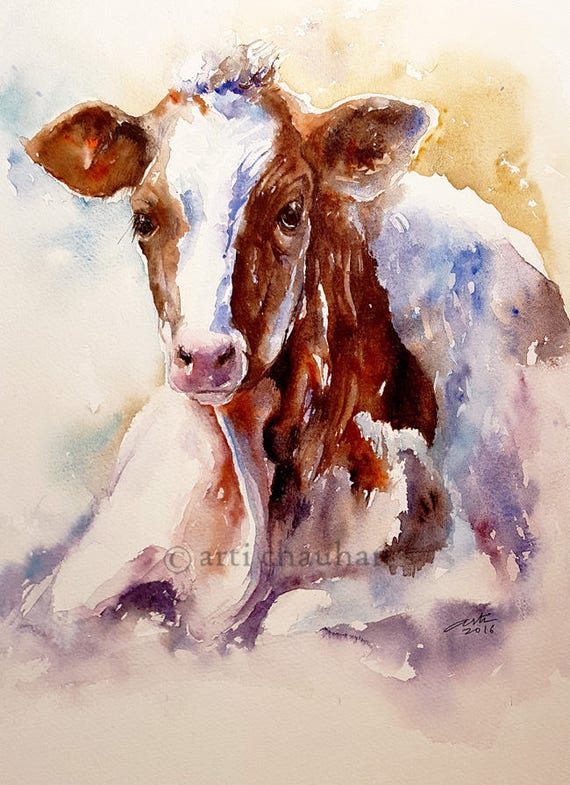 Pintura De Vaca Original Acuarela Arte Decoracion Pared 10x14 Etsy