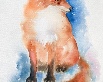 Red Fox Painting Snow Animal Art Watercolor Original Painting