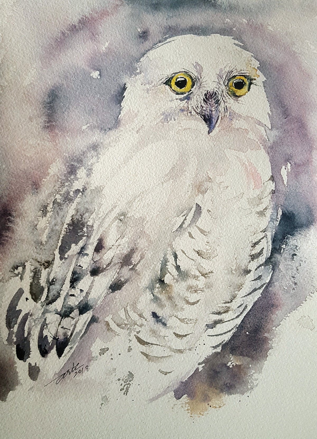 White Owl Original Watercolor Painting Wall Art
