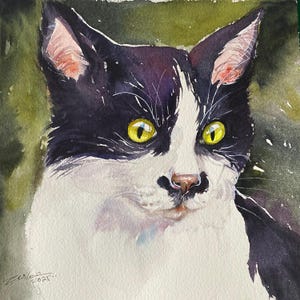 Black CAT Painting Original Watercolour 8x8