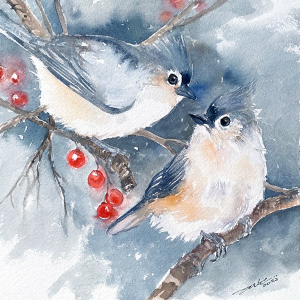 Birds Titmouse Watercolour Original Painting 8x8
