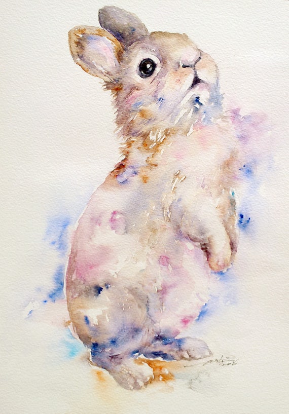 Bunny Cute Rabbit Hare Original Watercolor Painting Wall Art Etsy