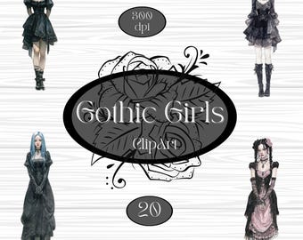 Gothic Girls Clipart Bundle, Watercolour Gothic Women with Bonus Accessories, Dark Aesthetic PNG Clip Art, Scrapbooking, Ephemera