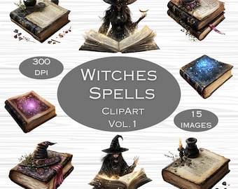 Heksen spreukenboek PNG, mystic clipartset, heksenhoed, drankjes en grimoire-illustraties, digitale download