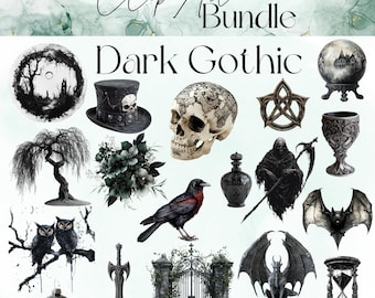 May include: A set of 19 dark gothic clip art images, including a skull, a raven, a gate, a gothic hat, a willow tree, a bat, an hourglass, a chalice, a crystal ball, a sword, a wreath, a grim reaper, and owls.  The images are in a black and white color scheme with some red and green accents.  The text "Dark Gothic" is at the top of the image.