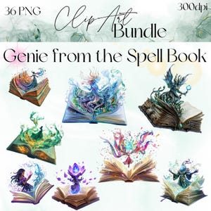 May include: A set of 36 digital clip art images featuring various magical creatures emerging from open books. The creatures are depicted in vibrant colours and intricate details, with swirling smoke and magical effects. The images are perfect for adding a touch of fantasy to your projects.