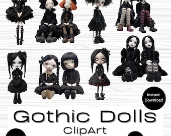 Gothic Dolls Clipart – Creepy Cute Doll PNG Bundle – Dark Aesthetic Digital Graphics – Halloween, Scrapbooking, Journals – Instant Download