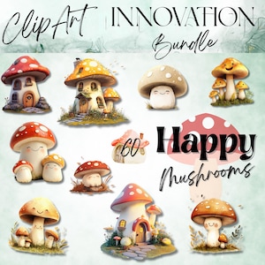 Clipart champignon joyeux - graphismes mignons Kawaii champignon vénéneux - Images numériques Woodland lunatiques - Illustrations PNG de champignons - téléchargement immédiat