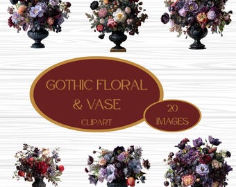 Gothic Flowers and Vase Clipart, Dark Floral PNG, Gothic Botanical Illustrations for Junk Journals and Scrapbooking, Digital Download