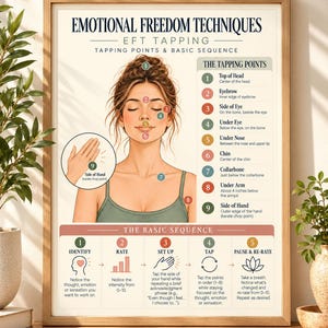 May include: A framed educational poster titled Emotional Freedom Techniques EFT Tapping. It features an illustration of a person with numbered tapping points from 1 to 9, a list of point locations, and a five-step basic sequence guide.