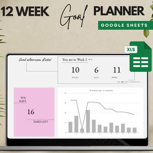 Könnte beinhalten: Ein Laptop-Bildschirm zeigt eine Google Sheets-Tabelle mit einem 12-Wochen-Zielplaner. Die Tabelle zeigt eine Fortschrittsanzeige, ein Diagramm und eine Nachricht, die lautet "Good afternoon Rickel. You are in Week 2 of 12".